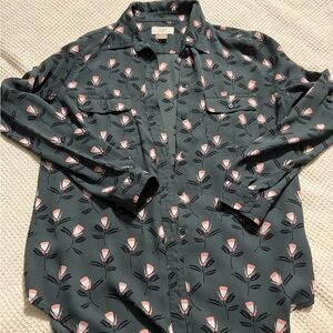 LOFT Floral Button Down Blouse Womens Small Green Pink Long Sleeve